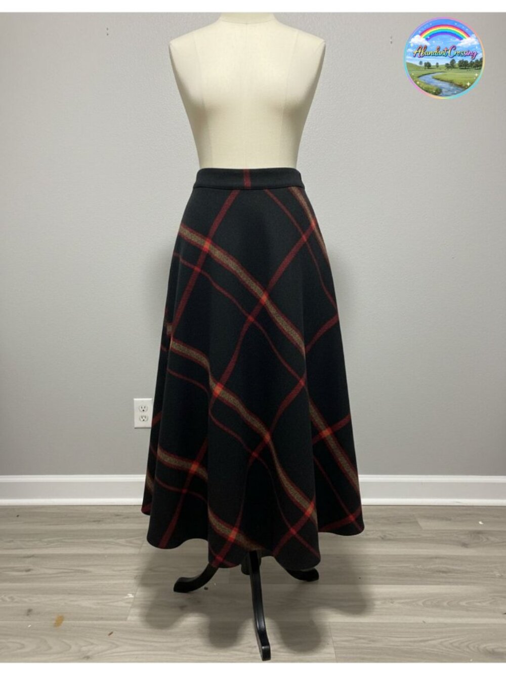 Wool Blend Plaid A-Line Pleated Midi Skirt High Waist
